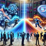 Depict an HD photograph that looks very realistic, showing an exciting scene from the stock market where stocks related to artificial intelligence and quantum technology are soaring! In this scene, include the depiction of a metaphorical rivalry between different stocks, symbolized by waves clashing. Ensure to make the image energetic and vibrant, featuring various stocks competing and making an impact.