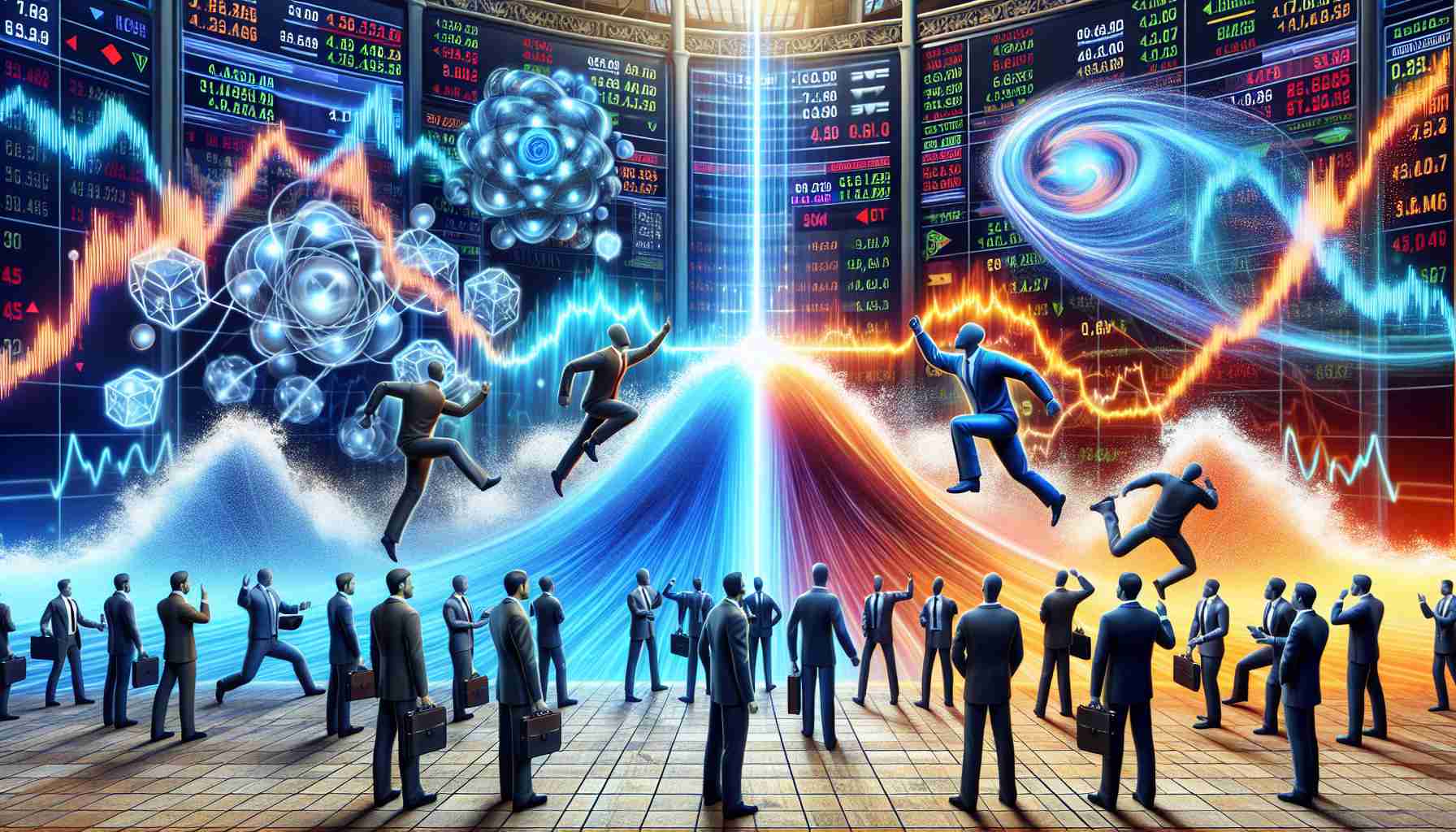 Depict an HD photograph that looks very realistic, showing an exciting scene from the stock market where stocks related to artificial intelligence and quantum technology are soaring! In this scene, include the depiction of a metaphorical rivalry between different stocks, symbolized by waves clashing. Ensure to make the image energetic and vibrant, featuring various stocks competing and making an impact.